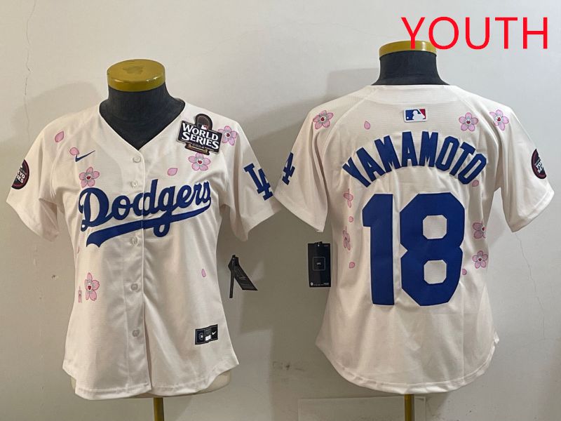 Youth Los Angeles Dodgers #18 Yamamoto Cream Sakura Edition 2025 Nike MLB Jersey style 10